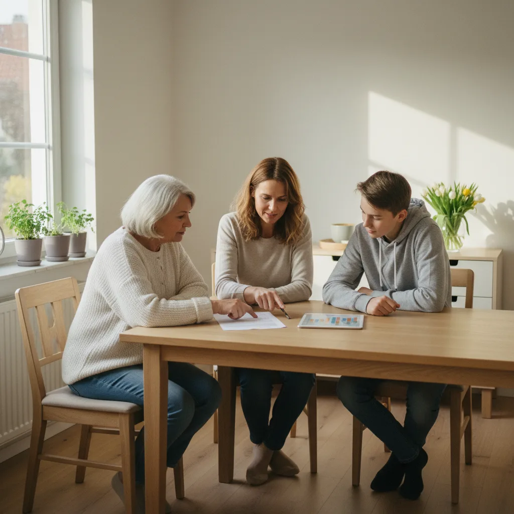 Familie aus drei Generationen sieht sich gemeinsam die Immobilienbewertung am Esstisch an